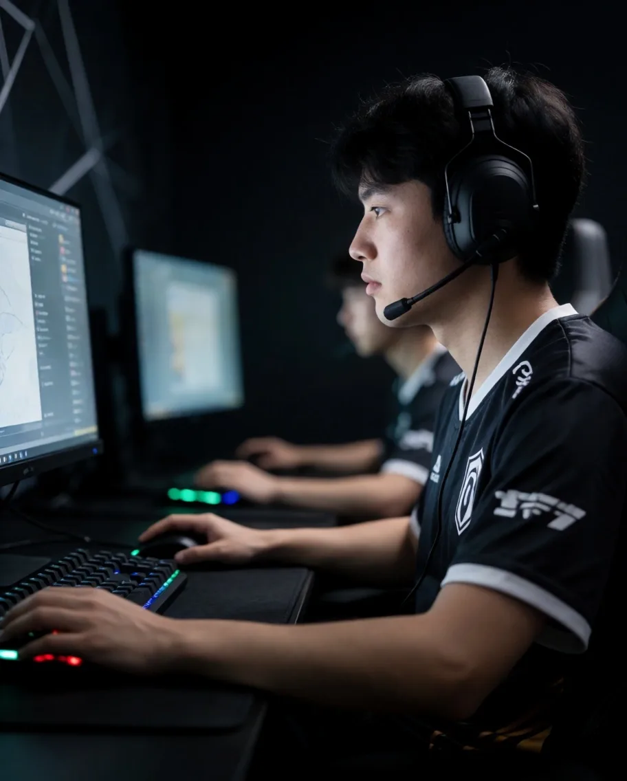 Jugador de eSports entrenando en sala con monitores