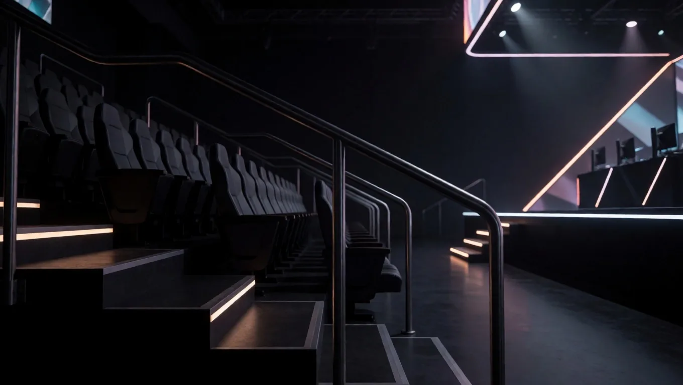 Sala de arena de eSports en penumbra con pantallas de escenario iluminadas